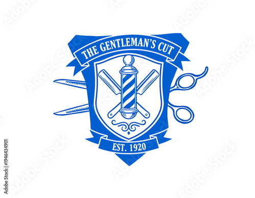 Barber shop logo, vintage emblem, gentleman's cut, barber pole, straight razor, scissors, classic shave, men's grooming, retro salon badge, est 1920