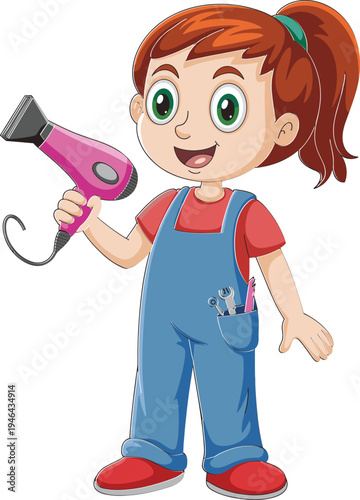 Cartoon girl holding hair dryer, cute child character in overalls, redhead kid smiling, cad drawing flat vector illustration
