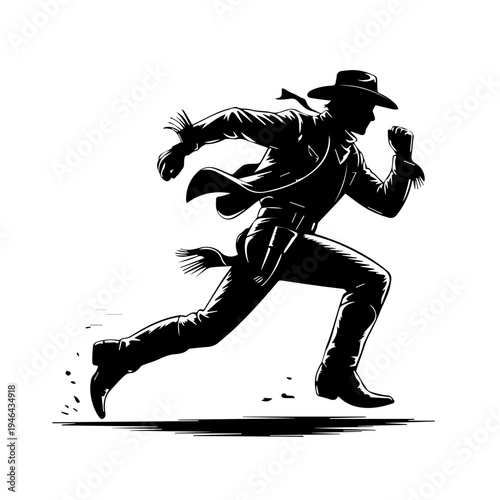 Cowboy in Action Running Across Dusty Frontier With Determination and Wild West Energy Vector