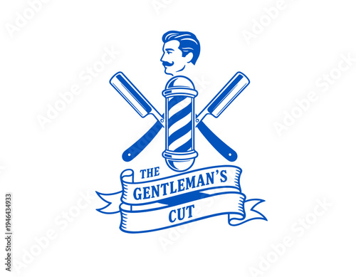 Barbershop logo, vintage gentleman's cut, retro icon, straight razors, barber pole, classic grooming, men's salon, old-school style, blue, emblem, typography, mustache.