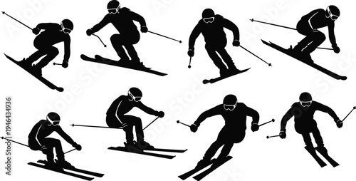 "Collection of dynamic skiing silhouettes featuring athletes in motion with helmets and ski poles, showcasing downhill winter sports action, speed, safety, and outdoor recreation"