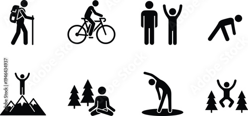 Collection of eight black silhouettes representing outdoor recreation, fitness, meditation, and celebration — versatile wellness illustration symbolizing exercise, mindfulness, adventure.