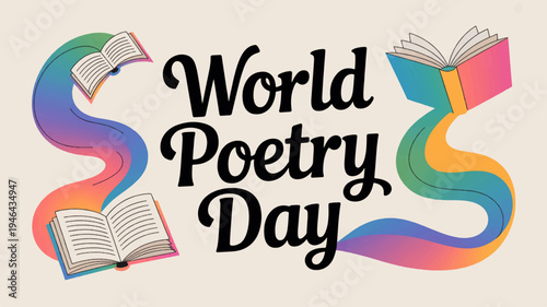 World poetry day celebration with colorful books and ribbon design on beige background
