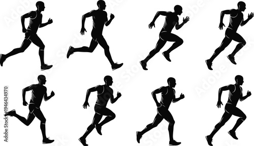 "Collection of eight running silhouettes showing athletes in motion across different stride phases, illustrating biomechanics, fitness, exercise, speed, training, and human movement"