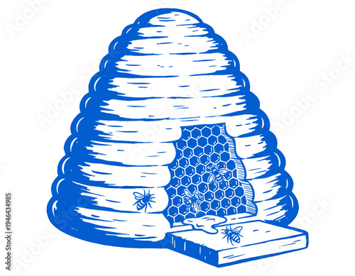 beehive illustration, bees, honey, honeycomb, apiary, beekeeping, vintage, rustic, blue art, sweet, natural, organic, sketch, farm, insect, nature, wildlife, food, graphic, vector design, healthy