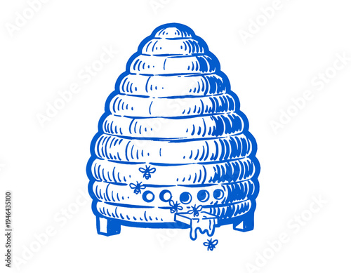 Beehive, honey, bees, skep, apiary, beekeeping, blue illustration, hand-drawn, vintage, rustic, dripping honey, insect, nature, organic, food, farm, sweet