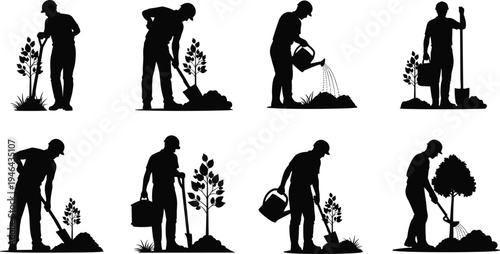 Collection of gardener silhouettes planting trees, digging soil and watering plants isolated on white background representing gardening work, nature care and environmental growth