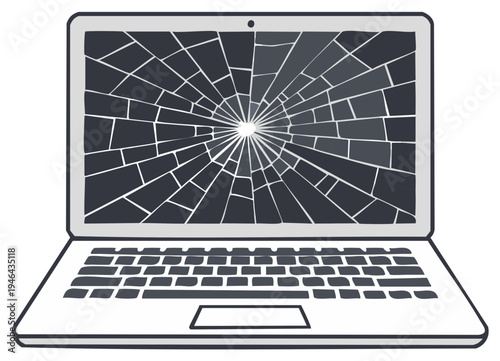 Damaged laptop screen with cracked glass pattern and visible impact point