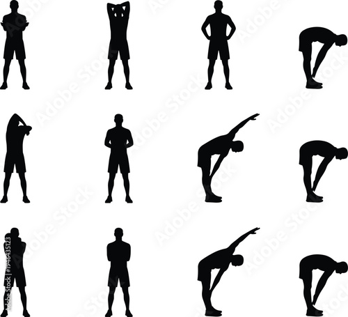 Collection of male athlete stretching exercise silhouettes demonstrating warm up fitness poses isolated on white background for workout training flexibility and sport routine concept