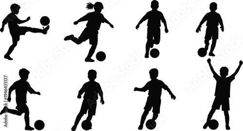 Collection of kids playing soccer silhouettes dribbling, kicking and celebrating with football isolated on white background representing children sport activity and playful movement