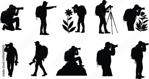 Collection of nature photographer silhouettes capturing wildlife and plants with camera and tripod isolated on white background representing outdoor photography and adventure