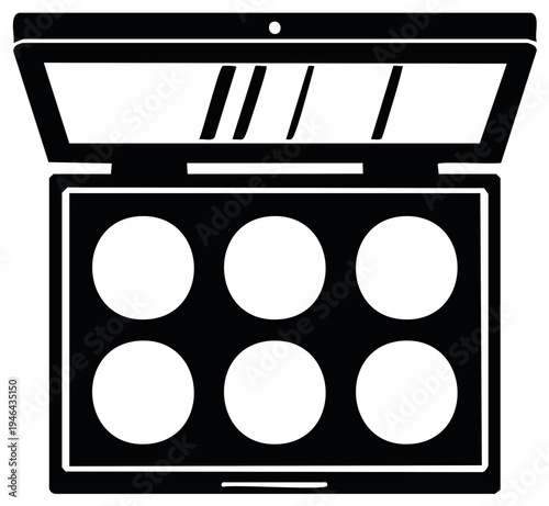 Open makeup palette with six round eyeshadow pans and a mirrored lid viewed from above