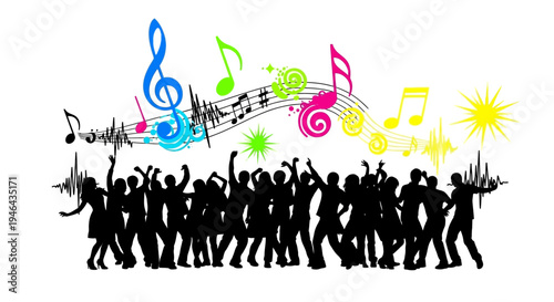 Silhouettes of people dancing together.