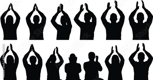 Collection of people clapping silhouettes with raised hands isolated on white background representing applause, appreciation, audience reaction and celebration gesture