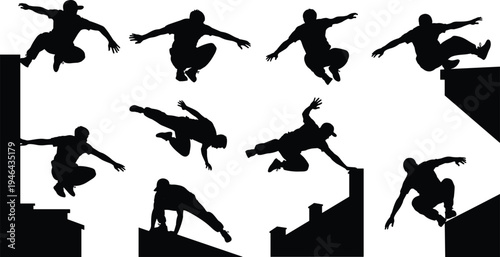 Collection of parkour athlete silhouettes performing jumps and acrobatic movements over obstacles isolated on white background representing extreme sport, urban movement and freestyle action