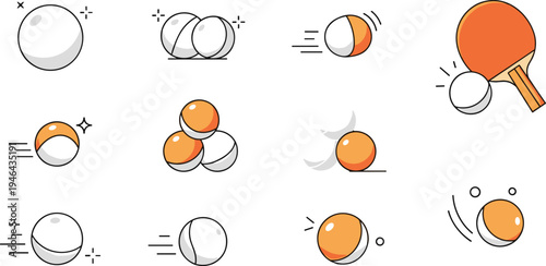 Table tennis ping pong ball and paddle icons set with bouncing spinning and motion concepts sport equipment flat vector illustration