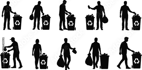 Collection of people recycling waste silhouettes throwing garbage into recycle bin isolated on white background representing environmental protection, waste management and sustainability