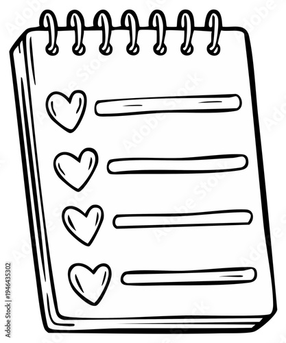 Notebook checklist with heart icons, for recording tasks, goals, or love notes.