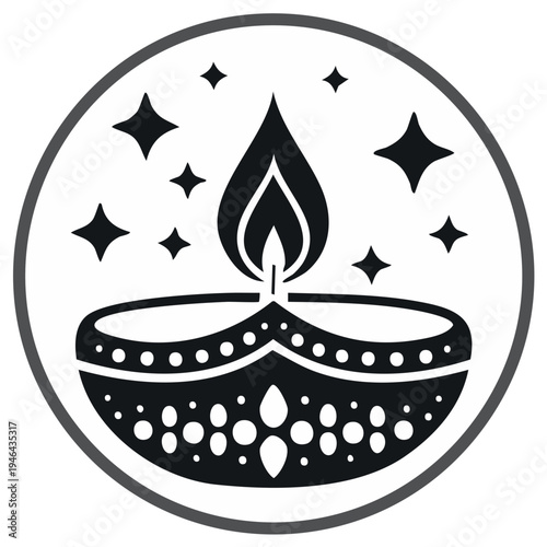 Traditional Indian Diya oil lamp with flame and decorative patterns illuminated by sparkling stars