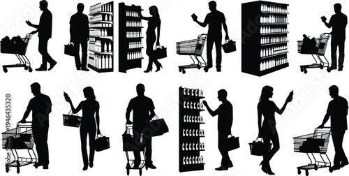 Collection of supermarket shopper silhouettes pushing carts and selecting products from shelves isolated on white background representing retail shopping, consumer behavior and store activity