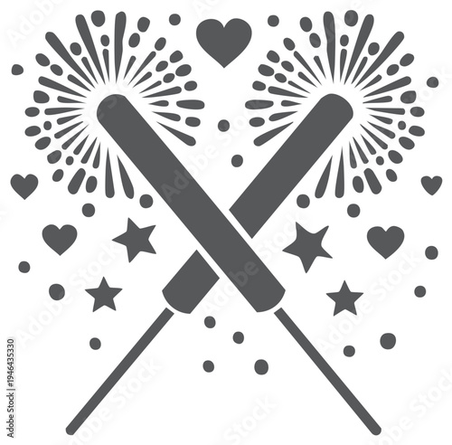 Crossed Sparklers with Hearts and Stars Festive Celebration Glyph Icon