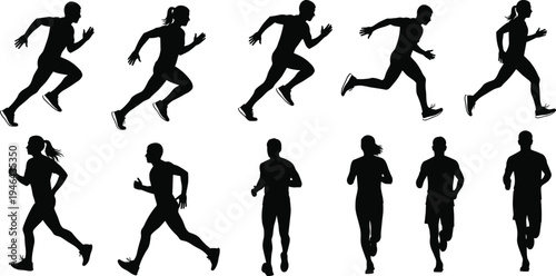"Collection of ten running silhouettes showing male and female athletes in motion with varied strides, illustrating fitness, exercise, speed, training, and human biomechanics"