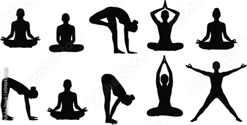 "Collection of ten yoga silhouettes showing diverse poses including meditation, balance, stretching, and mindfulness, representing wellness, fitness, flexibility, and spiritual practice"