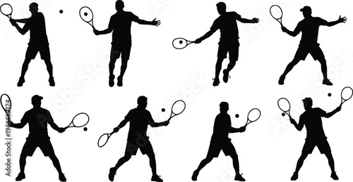 Collection of tennis player silhouettes hitting forehand and backhand shots with racket isolated on white background representing sport action, training and competition