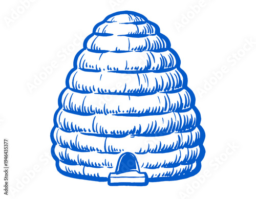 Beehive, honeybee, apiary, beekeeping, honey, insect, nature, traditional, vintage sketch, hand drawn illustration, blue icon, agriculture, colony