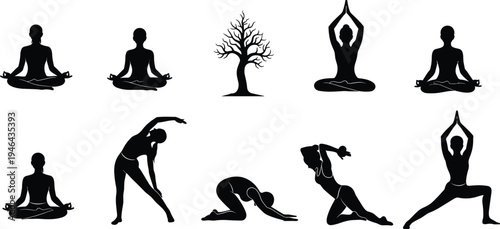Collection of yoga meditation silhouettes performing different yoga poses and stretching exercises isolated on white background representing wellness, balance, mindfulness and healthy lifestyle