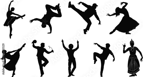 Dance silhouette collection featuring classical, modern and freestyle dancers performing energetic poses isolated black vector set for music, performance, festival and cultural design