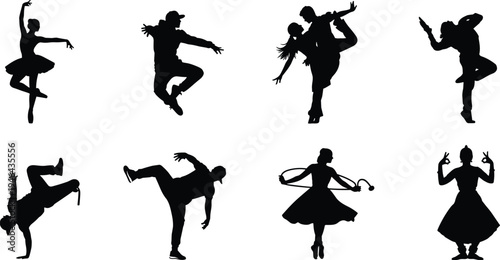 Dance silhouettes collection featuring ballet hip hop breakdance and traditional dancers performing dynamic poses isolated on white background performing arts vector illustration set