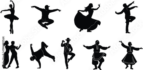 Dance silhouettes collection featuring ballet folk and street dancers performing dynamic poses isolated on white background performing arts movement vector illustration set