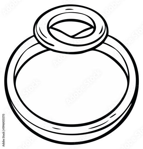 Simple line drawing of a ring with a circular centerpiece and a single gemstone