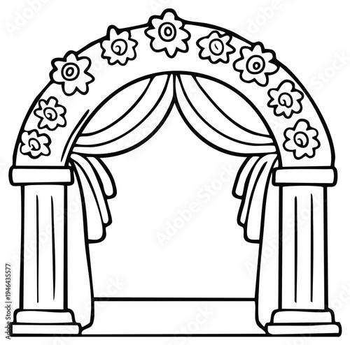 Stylized wedding arch with flower decoration and draped curtains in black and white outline