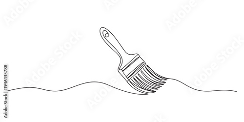 Paintbrush continuous line art, One continuous line of a paint brush for painting. Line art of a tool with a wooden handle and thick bristles. Drawing in one line style with a black stroke on a white