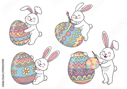 Adorable cartoon Easter bunnies happily decorating colorful patterned eggs, celebrating the joy of spring