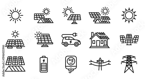 Collection of diverse outline icons depicting solar energy systems, renewable power generation, and sustainable technology solutions for a greener future
