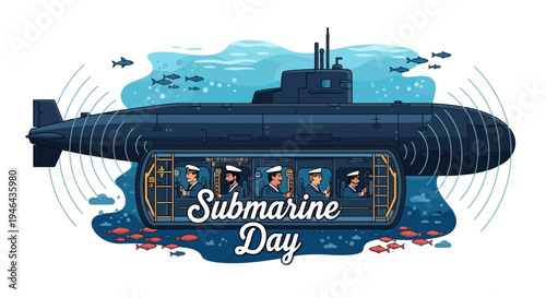 Vector illustration of a submarine underwater with Submarine Day text on a white background with ocean elements.
