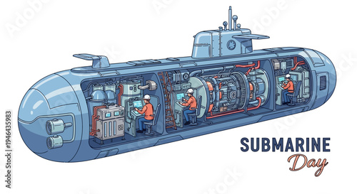 Illustration of a cutaway submarine with internal components on display, celebrating Submarine Day with a vector design against a clean white background.