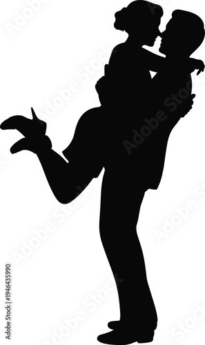Romantic couple silhouette man lifting woman kiss, love relationship passion dating vector illustration isolated romantic people design