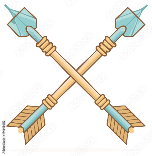 Two Crossed Wooden Arrows with Blue Arrowheads and Brown Fletching Vector Cartoon Illustration