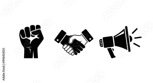 Empowerment and advocacy A trio of icons symbolizing protest, unity, and public communication for social change
