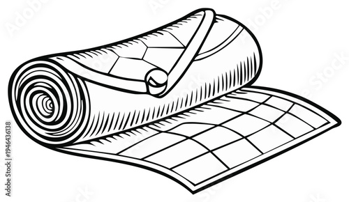 Rolled-up mat illustration for exercise or camping, black and white.