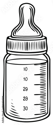 Black and white drawing of a baby bottle with nipple and liquid filling
