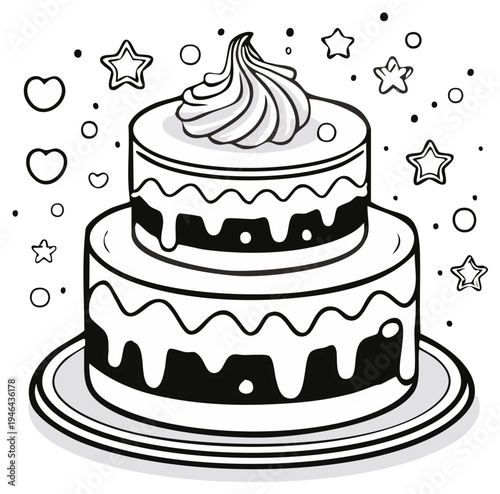 Two-tiered cake with frosting swirls and drizzles decorated with stars and hearts