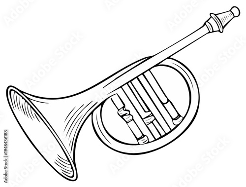 Illustration of a classical trumpet instrument with linear drawing detail and musical instrument components