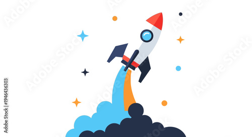 Illustration of a rocket launching into space with fire and smoke