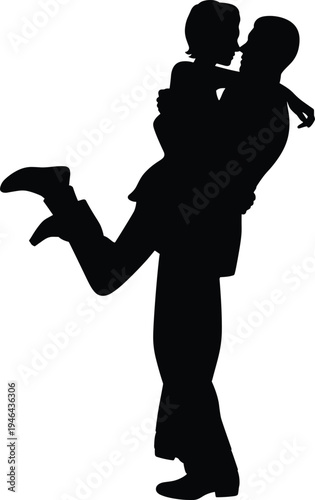 Romantic couple silhouette man lifting woman kiss, love embrace relationship passion dating vector illustration isolated romantic people concept
