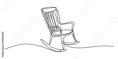 Rocking chair isolated on white background. Line art rocking chair. One line continuous vector illustration. Continuous one line drawing of a rocking chair with curved base, depicting comfort.